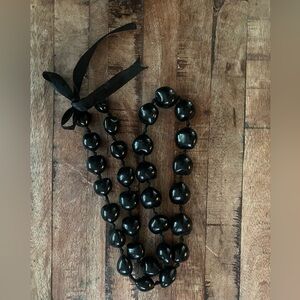 1980’s Classic Black Kukui Nut Lei Necklace Hawaiian Souvenir Ribbon Tie Vintage